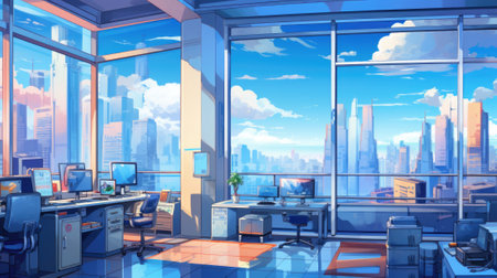 An office with a view of the city. Generative AI image.の素材
