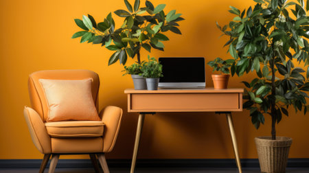 Orange wall with a desk, chair and potted plant. Generative AI image.の素材