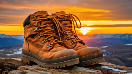 A pair of hiking boots on top of a mountain at sunset. Generative AI image.の素材