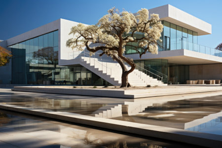 A tree in front of a modern building. Generative AI image.の素材