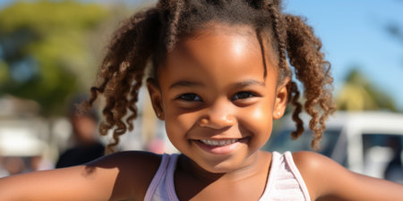A young girl with curly hair smiles for the camera. Generative AI image.の素材