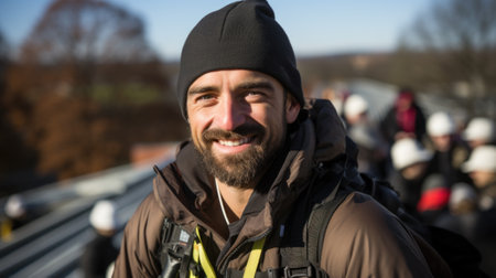 A man with a beard and a hat smiles for the camera. Generative AI image.の素材