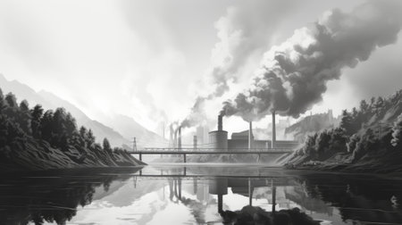 A black and white photo of smoke coming out of a factory. Generative AI image.の素材