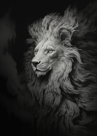 A lion with long hair on a black background. Generative AI image.の素材