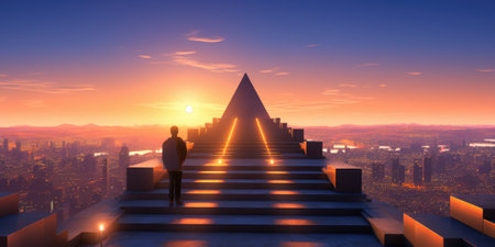 A man stands on the top of a pyramid looking at the city. Generative AI image.の素材