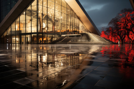 A building with a red tree. Generative AI image.の素材