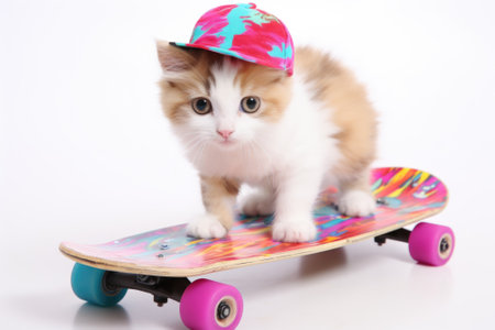 A kitten wearing a hat on a skateboard. Generative AI image.の素材