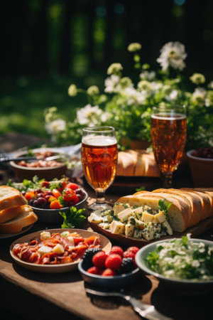 A table with food and drinks on it. Generative AI image.の素材