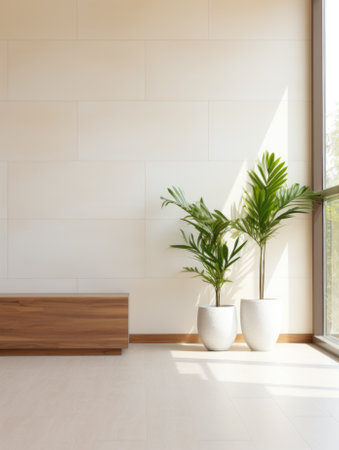 A room with a large window and two potted plants. Generative AI image.の素材