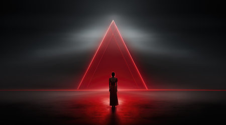 A person standing in front of a red triangle. Generative AI image.の素材