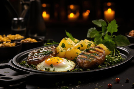 Grilled steak with potatoes and eggs on a black plate. Generative AI image.の素材