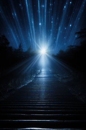 A staircase leading to a starry sky. Generative AI image.の素材