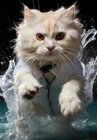 A cat wearing a white shirt and tie. Generative AI image.の素材