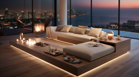 Modern living room with city view at night. Generative AI image.の素材