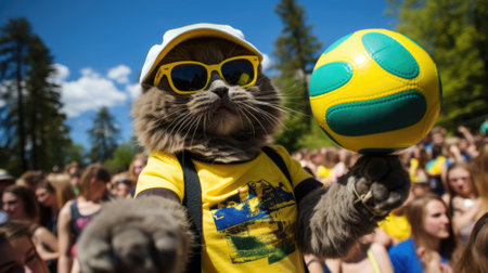 A cat wearing sunglasses and a brazilian shirt. Generative AI image.の素材