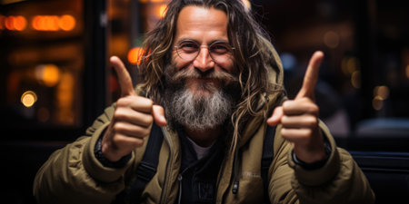 A man with long hair and beard is giving the thumbs up. Generative AI image.の素材