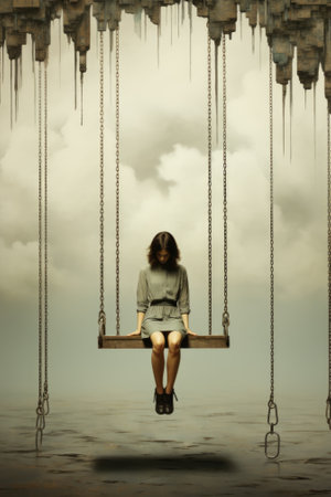 A woman sitting on a swingover a water surface. Generative AI image.の素材