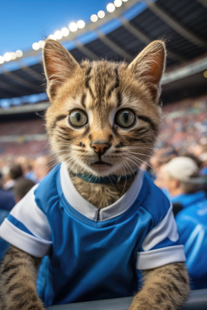 A cat wearing a blue jersey at a football game. Generative AI image.の素材