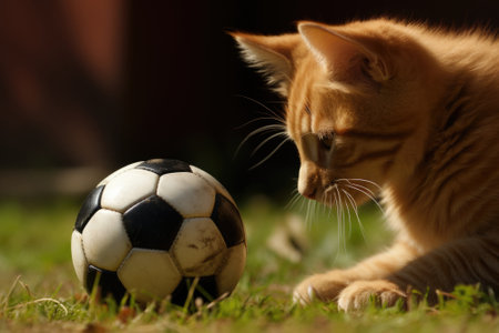 A cat is looking at a soccer ball. Generative AI image.の素材