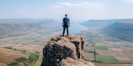 Man standing on top of a mountain overlooking a valley. Generative AI image.の素材