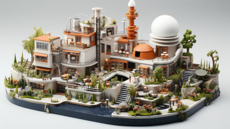 A miniature model of a futuristic city with a tower. Generative AI image.の素材