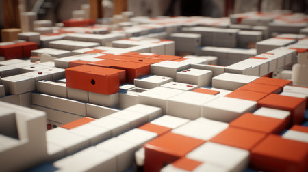 A 3d rendering of a maze with red and white blocks. Generative AI image.の素材