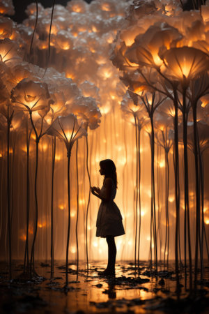 A girl standing in front of a forest of lights. Generative AI image.の素材
