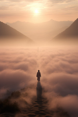 A man stands on a path in the fog. Generative AI image.の素材