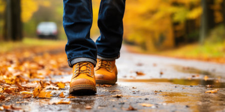 A person walking on the road in the fall. Generative AI image.の素材
