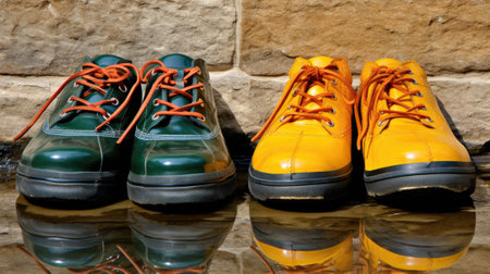 A pair of yellow and green boots. Generative AI image.の素材