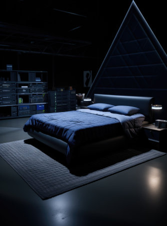 A bedroom with a bed and a desk in the dark. Generative AI image.の素材