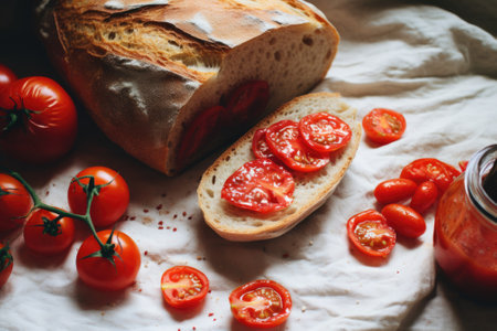 A loaf of bread with tomatoes and a jar of jam. Generative AI image.の素材