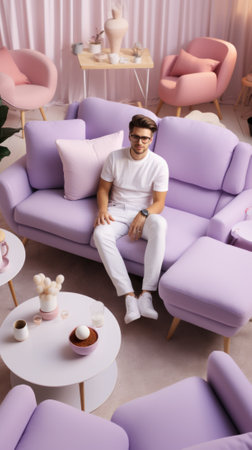 A man sitting on a purple couch. Generative AI image.の素材