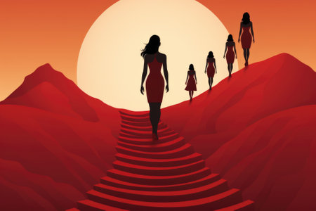 A woman in a red dress walks up a hill with three women behind her. Generative AI image.の素材