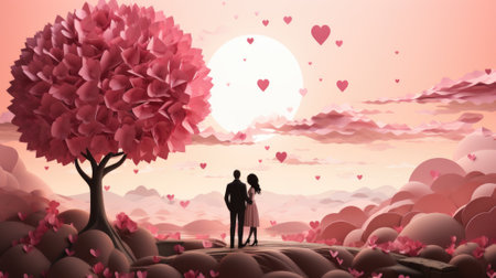 A couple standing under a tree with hearts in the sky. Generative AI image.の素材