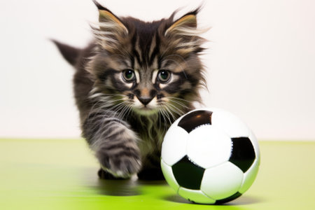 A kitten playing with a soccer ball. Generative AI image.の素材