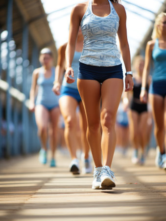 A group of women running on a bridge. Generative AI image.の素材