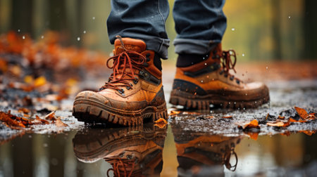 A person wearing boots walking in the rain. Generative AI image.の素材