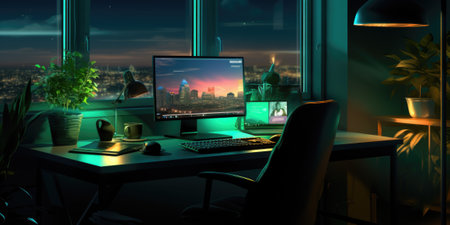 A computer desk with a monitor and a laptop. Generative AI image.の素材