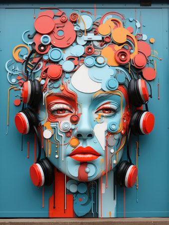 A colorful womans face is painted on a wall. Generative AI image.の素材