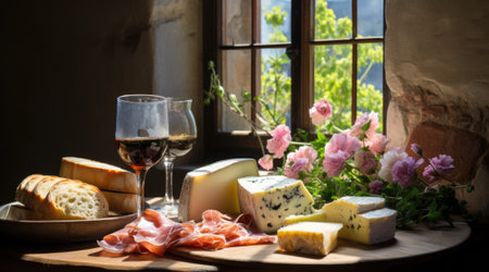 A plate with cheese, bread and wine on a table. Generative AI image.の素材