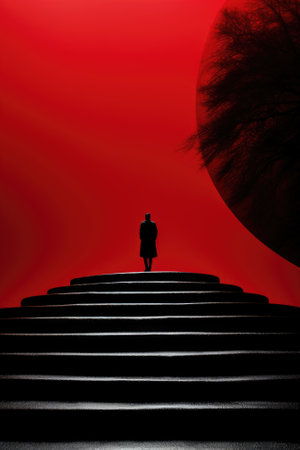 A man in a black suit stands on a set of stairs. Generative AI image.の素材