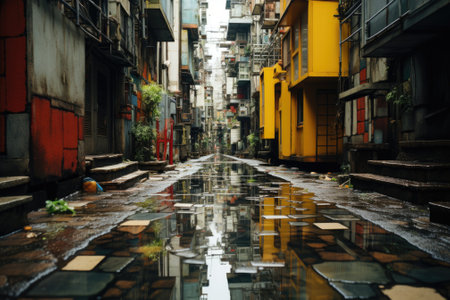 A wet street with buildings reflecting in the water. Generative AI image.の素材