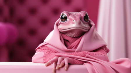 A lizard wearing a pink scarf and sitting on a table. Generative AI image.の素材