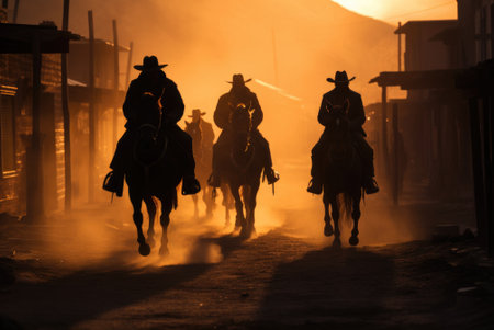 A group of men riding horses down a dirt road. Generative AI image.の素材