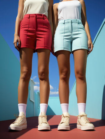 Two women standing on a red and blue surface. Generative AI image.の素材