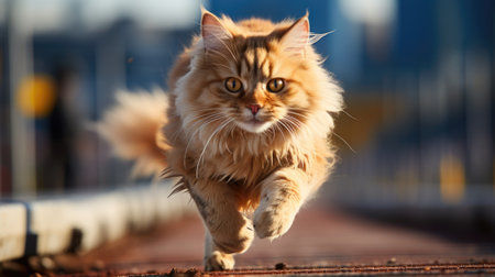 A fluffy orange cat running across a bridge. Generative AI image.の素材