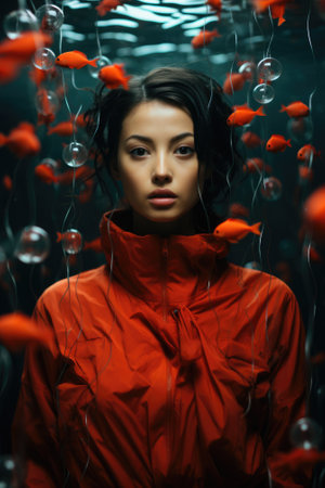 A woman in an orange jacket surrounded by fish. Generative AI image.の素材