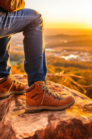 A person sitting on a rock with their shoes on. Generative AI image.の素材