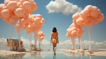 A woman in an orange dress is walking through a field of pink balloons. Generative AI image.の素材